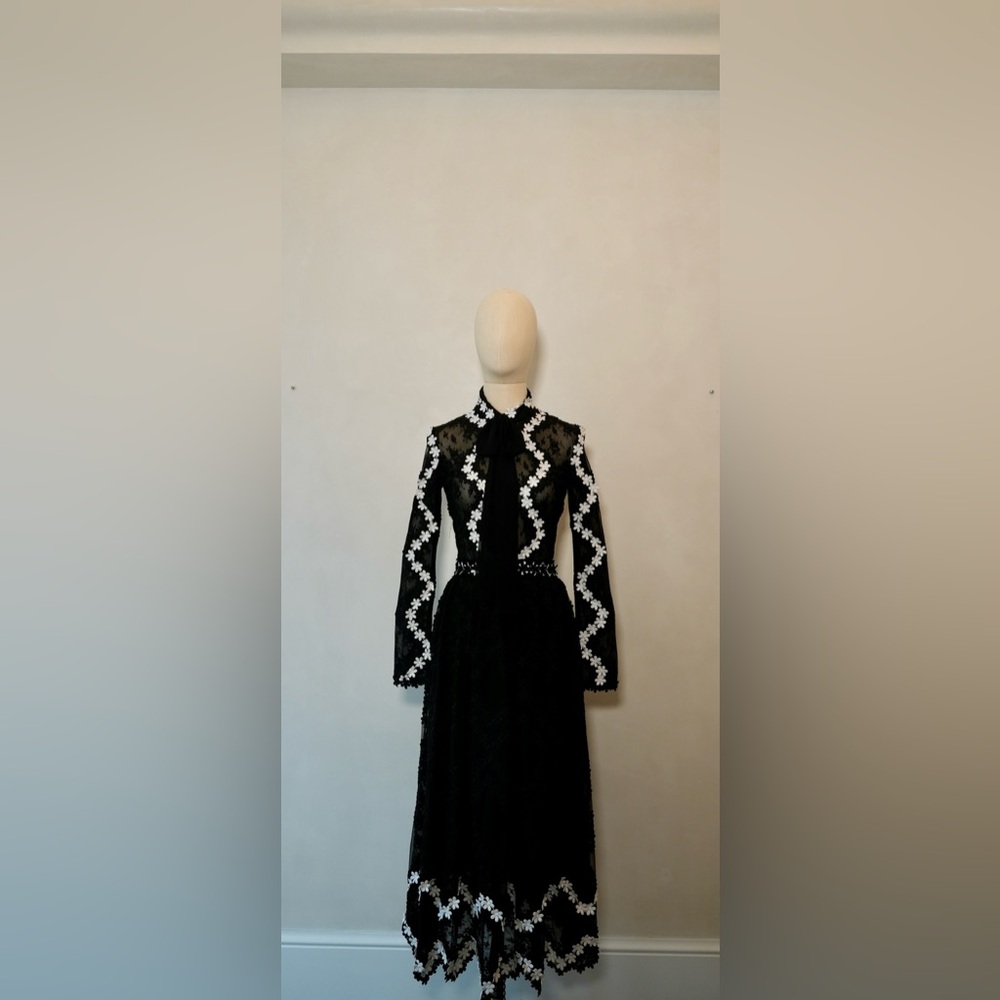 Costarellos Black Lace Long-Sleeve Dress with White Floral Detailing